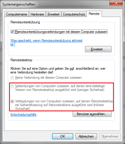 Remotedesktop Verbindungseigenschaften Windows 7